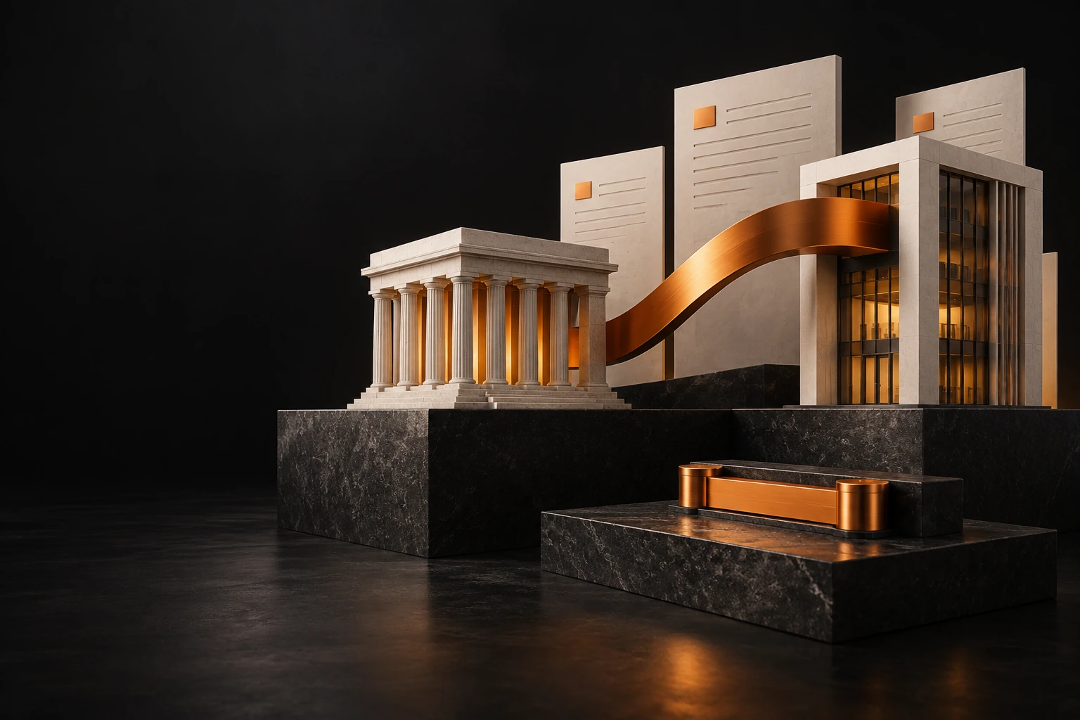 Sculptural white bank and modern business architecture linked by a brushed orange ribbon on black stone, an editorial illustration of bank-to-bank connection