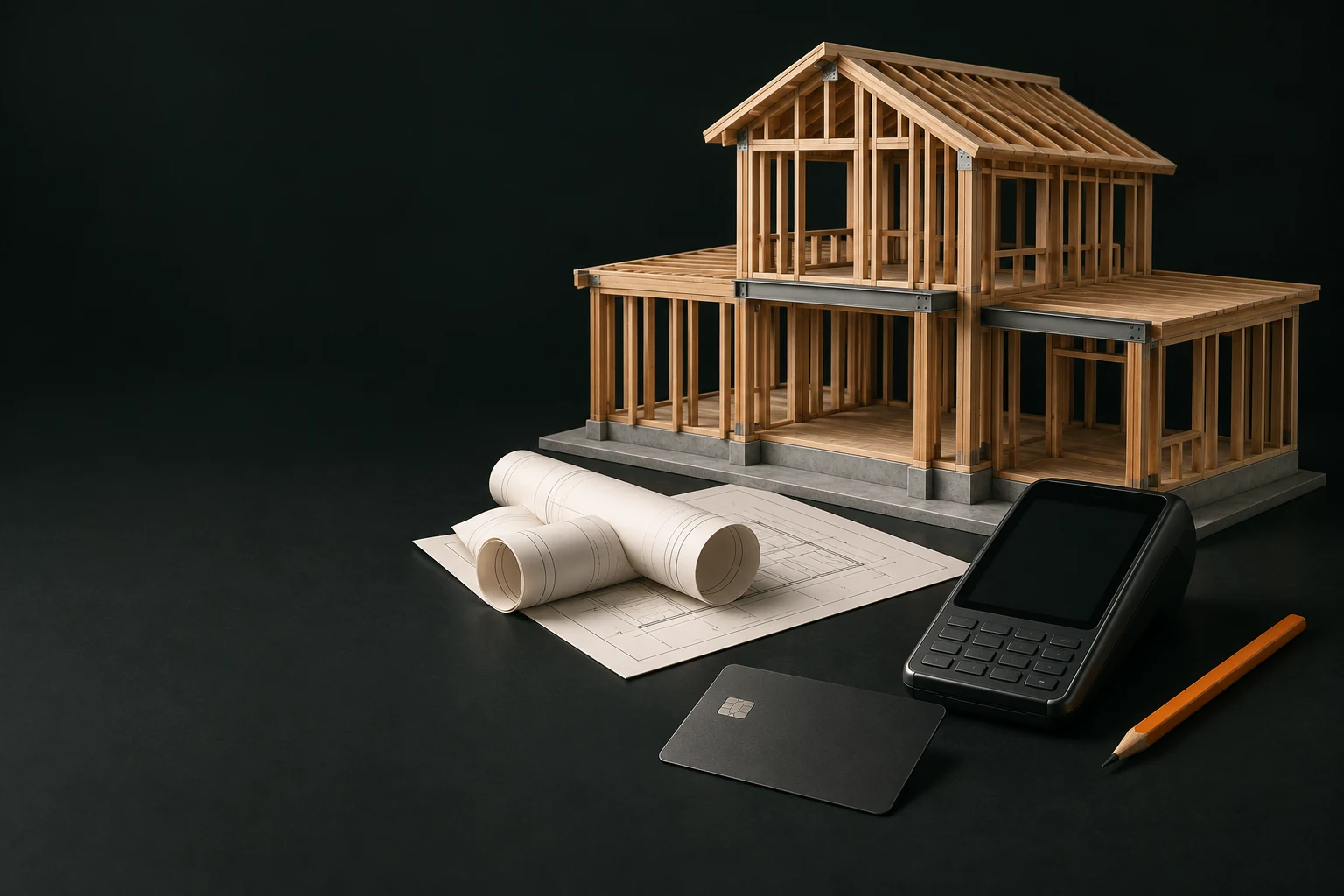 Architectural timber-frame model, project drawings and a graphite payment terminal with an orange carpenter’s pencil