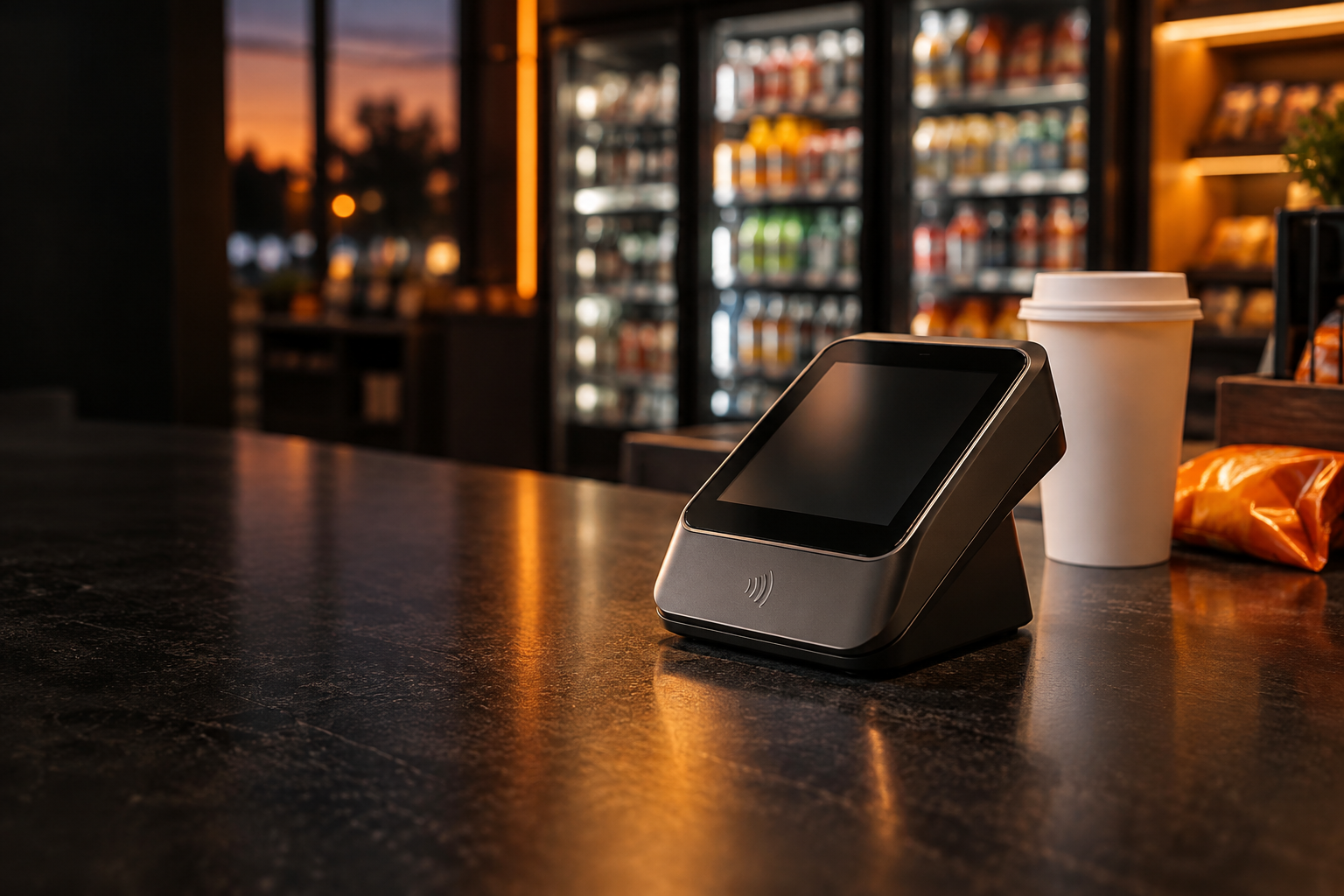 A graphite contactless payment terminal, coffee cup, and orange snack bag at a warmly lit convenience-store checkout