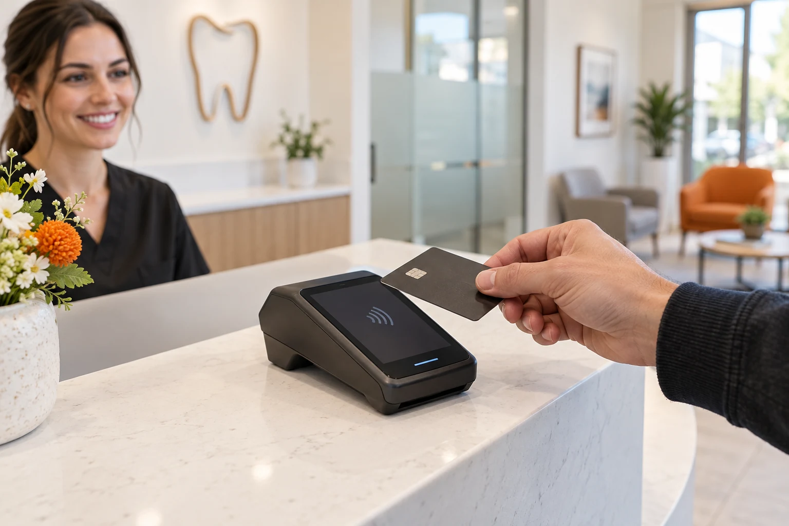 A patient presents a card to a payment terminal at a bright, contemporary dental practice reception