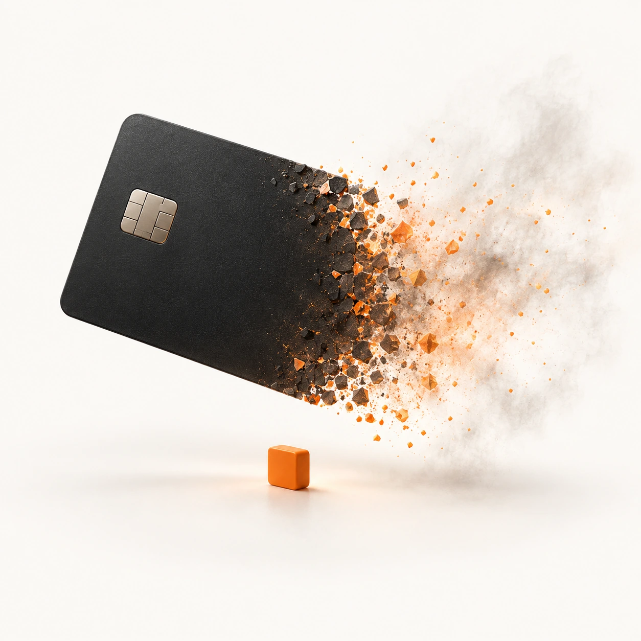 A credit card sale dissolves into orange particles while a small fee remains behind