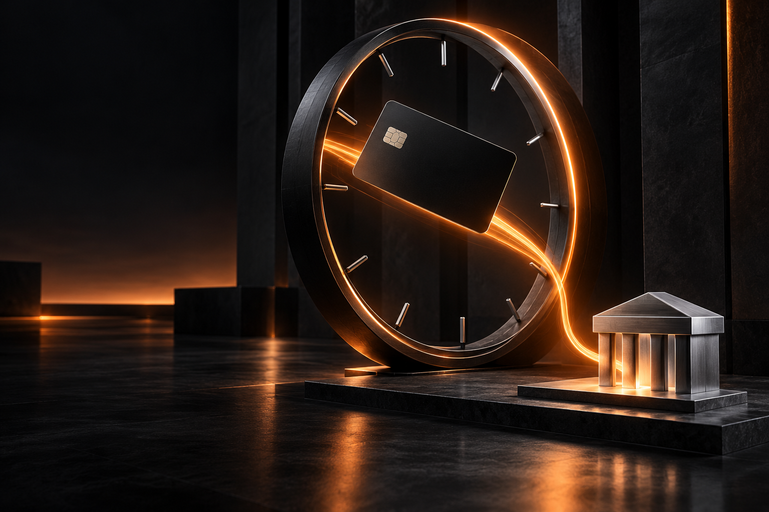An unbranded black payment card passes through an orange-lit clock toward a silver bank, illustrating the time between a sale and available funds