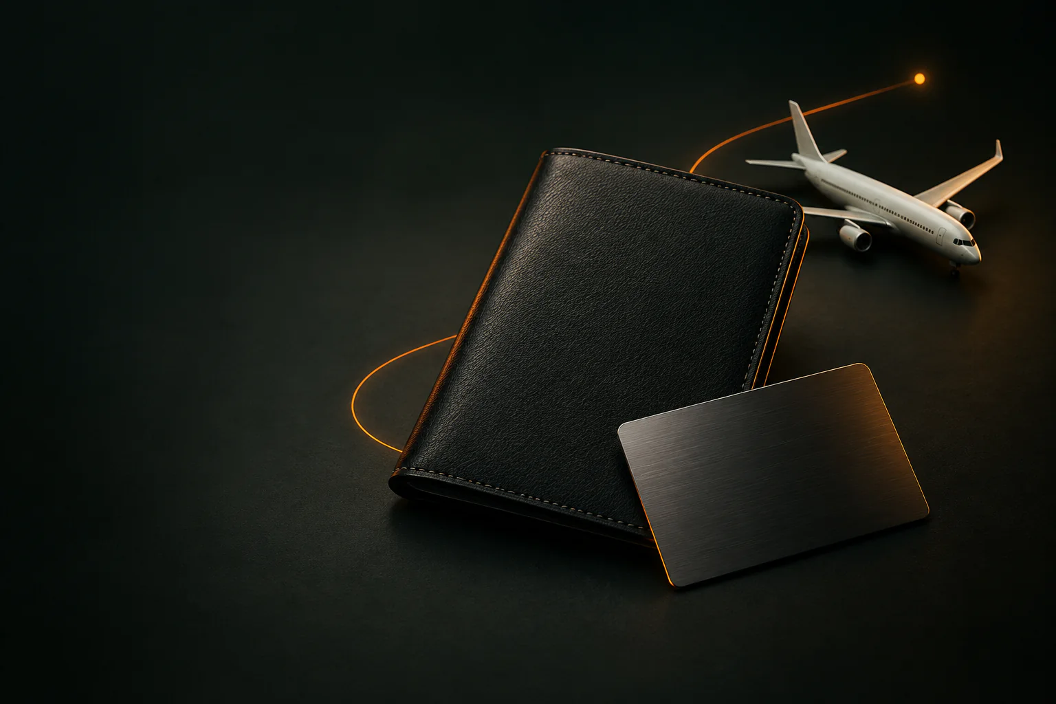 Illustrative travel folio, metallic payment card and passenger aircraft model connected by an orange route.